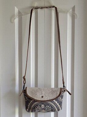 Myra Bag Ancient Arch Blue/Cream Floral Canvas/Leather/Cowhide Adj Strap Purse